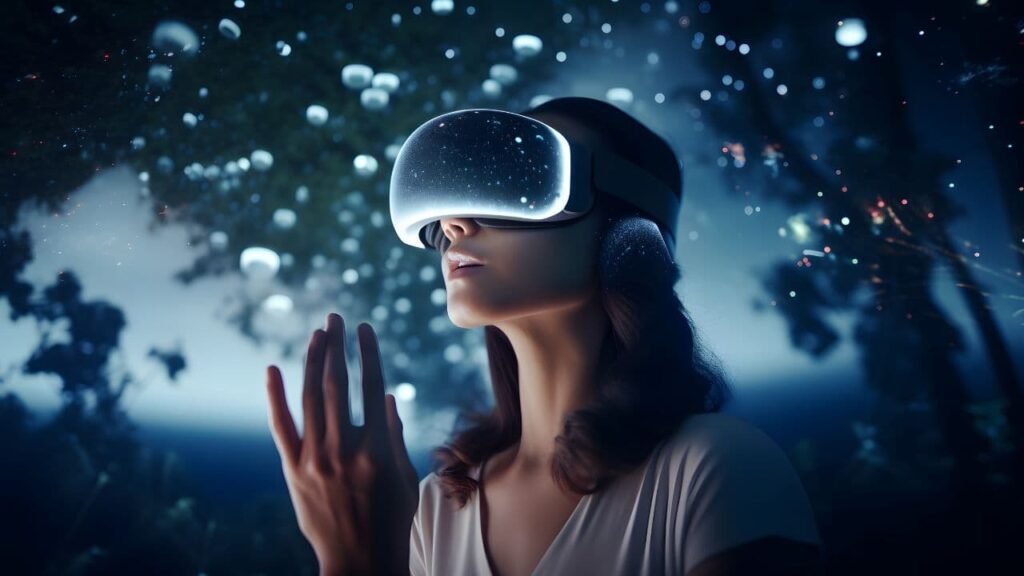 femme avec un casque de réalité virtuelle metaverse
