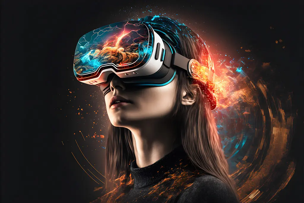 image femme portant casque realite virtuelle elements technologiques futuristes